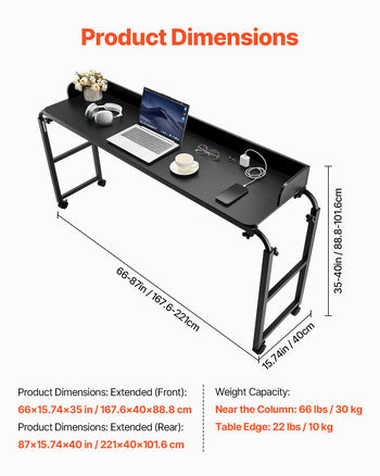 Overbed Table, Mobile Bed Side Table with 4 Wheels (2 with Brakes) and Power Socket, Height Adjustable Rolling Laptop Desk, Portable Particleboard Over Bed Desk for Home, Office, Study, Black
