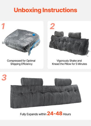 Headboard Pillow, King Size Wedge Headboard Pillow with 2 Side Pockets and 2 Headrests, Bed Wedge Pillow with Washable Flannel Cloth, for Reading, Gaming, Resting, Working in Bed, Grey