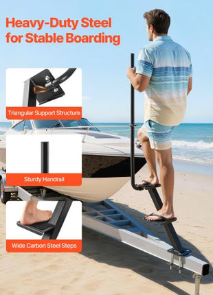 Boat Trailer Steps, 2-Step, Heavy-Duty Boat Trailer Steps with Handle, Non-Slip Surface, 3 Mounting Angle Options, Carbon Steel Ladder Suitable for 3" x 3"/3" x 5"/4" x 4" Frame, Bottom Mounting