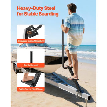 Boat Trailer Steps, 2-Step, Heavy-Duty Boat Trailer Steps with Handle, Non-Slip Surface, 3 Mounting Angle Options, Carbon Steel Ladder Suitable for 3" x 3"/3" x 5"/4" x 4" Frame, Bottom Mounting