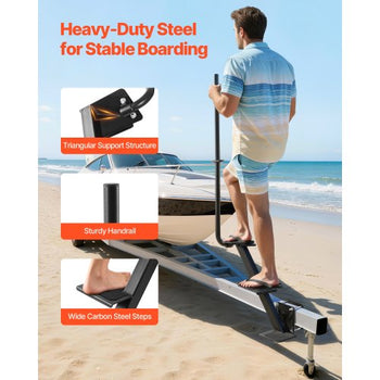 Boat Trailer Steps, 3-Step, Heavy-Duty Boat Trailer Steps with Handle, Non-Slip Surface, 3 Mounting Angle Options, Carbon Steel Ladder Suitable for 3" x 3"/3" x 5"/4" x 4" Frame, Side Mounting