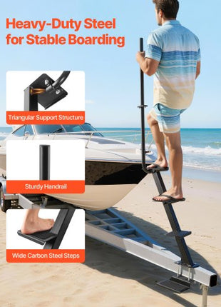 Boat Trailer Steps, 4-Step, Heavy-Duty Boat Trailer Steps with Handle, Non-Slip Surface, 3 Mounting Angle Options, Carbon Steel Ladder Suitable for 3" x 3"/3" x 5"/4" x 4" Frame, Bottom Mounting