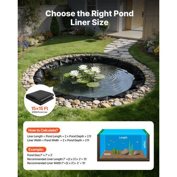 15 x 15 ft Pond Liner, 45 Mil Thickness, EPDM Rubber Material Fish Pond Liner for Outdoor Ponds, Easy to Cut, Durable & Leakproof, for Water Garden, Waterfall, Fishpond, Koi, Fountains, Black