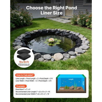 Pond Liner 15 x 15 ft, 45 Mil, EPDM Rubber Fish Koi Pond Liner and Underlayment Combo, Easy to Cut, Durable & Leakproof, for Outdoor Ponds, Water Garden, Waterfall, Fishpond, Fountains, Black