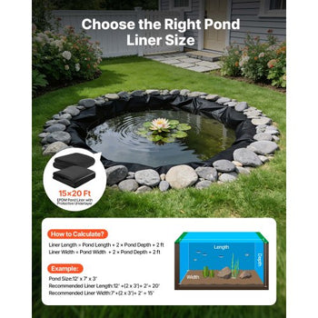 Pond Liner 15 x 20 ft, 45 Mil, EPDM Rubber Fish Koi Pond Liner and Underlayment Combo, Easy to Cut, Durable & Leakproof, for Outdoor Ponds, Water Garden, Waterfall, Fishpond, Fountains, Black
