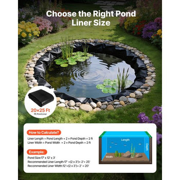 20 x 25 ft Pond Liner, 14 Mil Thickness, 3-Layer Reinforced PE Fish Koi Pond Liner for Outdoor Ponds, with Hemmed Edge and 4 Metal Buttonholes, for Water Garden, Waterfall, and Fountains, Black