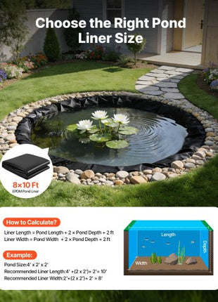 8 x 10 ft Pond Liner, 45 Mil Thickness, EPDM Rubber Material Fish Pond Liner for Outdoor Ponds, Easy to Cut, Durable & Leakproof, for Water Garden, Waterfall, Fishpond, Koi, Fountains, Black