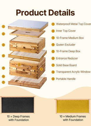 Bee Hive 20 Frame Bee Hives Starter Kit, Beeswax Coated Fir Wood, 1 Deep + 1 Medium Bee Boxes Langstroth Beehive Kit, Transparent Acrylic Windows with Foundations for Beginners Pro Beekeepers