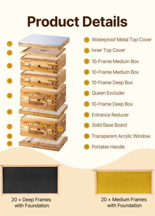 Bee Hive 40 Frame Bee Hives Starter Kit, Beeswax Coated Fir Wood, 2 Deep + 2 Medium Bee Boxes Langstroth Beehive Kit, Transparent Acrylic Windows with Foundations for Beginners Pro Beekeepers