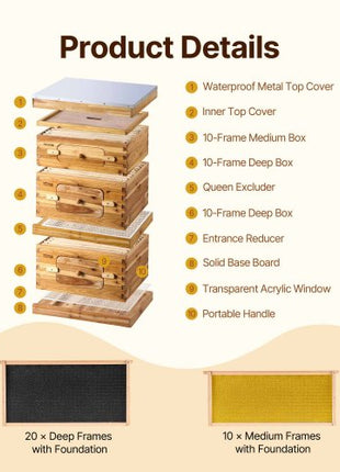 Bee Hive 30 Frame Bee Hives Starter Kit, Beeswax Coated Fir Wood, 2 Deep + 1 Medium Bee Boxes Langstroth Beehive Kit, Transparent Acrylic Windows with Foundations for Beginners Pro Beekeepers