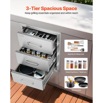 Outdoor Kitchen Drawers 16" W x 21.5" H x 18" D, Flush Mount Triple Access BBQ Drawers with Stainless Steel Handle, BBQ Island Drawers for Outdoor Kitchens or BBQ Island Patio Grill Station