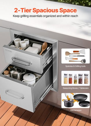 Outdoor Kitchen Drawers 13" W x 20.4" H x 20.8" D, Flush Mount Double BBQ Access Drawers with Stainless Steel Handle, BBQ Island Drawers for Outdoor Kitchens or Patio Grill Station