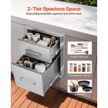 Outdoor Kitchen Drawers 13" W x 20.4" H x 20.8" D, Flush Mount Double BBQ Access Drawers with Stainless Steel Handle, BBQ Island Drawers for Outdoor Kitchens or Patio Grill Station