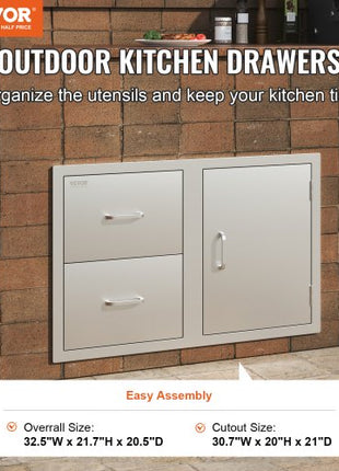 Outdoor Kitchen Door Drawer Combo 32.5" W x 21.6" H x 20.5''D, Access Door/Double Drawers with Paper Towel Rack, BBQ Island Drawers with Stainless Steel Handles for Outdoor Kitchen