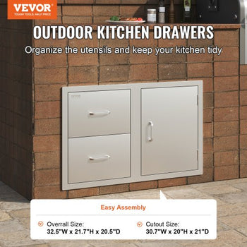 Outdoor Kitchen Door Drawer Combo 32.5" W x 21.6" H x 20.5''D, Access Door/Double Drawers with Paper Towel Rack, BBQ Island Drawers with Stainless Steel Handles for Outdoor Kitchen