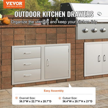 Outdoor Kitchen Door Drawer Combo 38.1''W x 22.6''H x 20.8''D, BBQ Access Door/Triple Drawers Combo with Stainless Steel Handles, Perfect for BBQ Island Patio Grill Station