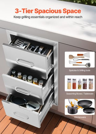 Outdoor Kitchen Drawers 16" W x 28.5" H x 20.5" D, Flush Mount Triple Access BBQ Drawers Stainless Steel with Handle, BBQ Island Drawers for Outdoor Kitchens or Patio Grill Station