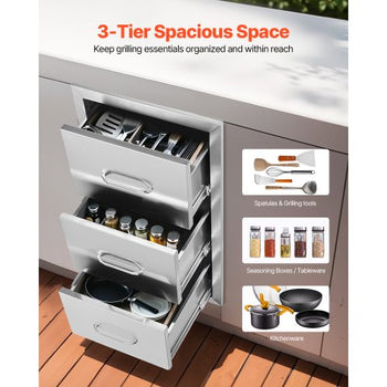 Outdoor Kitchen Drawers 16" W x 28.5" H x 20.5" D, Flush Mount Triple Access BBQ Drawers Stainless Steel with Handle, BBQ Island Drawers for Outdoor Kitchens or Patio Grill Station