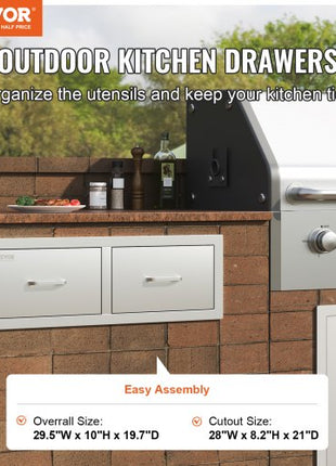 Outdoor Kitchen Drawers 30" W x 10" H x 20" D, Horizontal Double BBQ Access Drawers Stainless Steel with Handle, BBQ Island Drawers for Outdoor Kitchens or Patio Grill Station