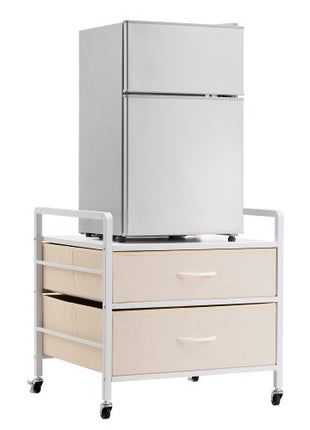Mini Fridge Stand with Storage, 176 lb-Capacity Mini Fridge Table with 2 Drawers & 4 Swivel Wheels, Mobile Mini Fridge Shelf, White Mini Fridge Organizer for Dorm, Apartment, Office, Bedroom