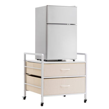 Mini Fridge Stand with Storage, 176 lb-Capacity Mini Fridge Table with 2 Drawers & 4 Swivel Wheels, Mobile Mini Fridge Shelf, White Mini Fridge Organizer for Dorm, Apartment, Office, Bedroom