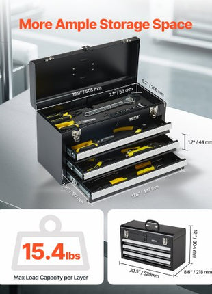 Metal Tool Box, 20.5-inch, Portable Metal Tool Box with 3 Drawers, Small Tool Chest with EVA Liners, Ball Bearing Slide Drawers Locking & Powder Coated Finish, Multi-Function Tool Organizer