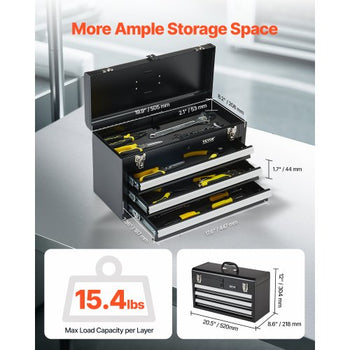 Metal Tool Box, 20.5-inch, Portable Metal Tool Box with 3 Drawers, Small Tool Chest with EVA Liners, Ball Bearing Slide Drawers Locking & Powder Coated Finish, Multi-Function Tool Organizer