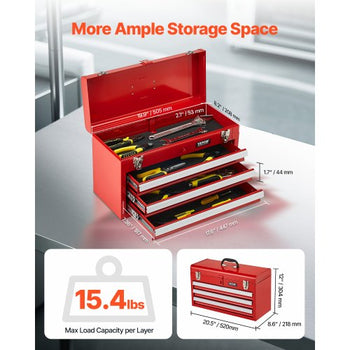 Metal Tool Box, 20.5-inch, Portable Metal Tool Box with 3 Drawers, Small Tool Chest with EVA Liners, Ball Bearing Slide Drawers Locking & Powder Coated Finish, Multi-Function Tool Organizer, Red