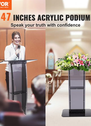 Acrylic Podium, 47" Acrylic Podium Stand with Wide Reading Surface & Storage Shelf, Floor-standing Clear Pulpits Acrylic for Church Office School, Black