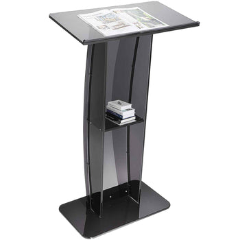 Modern black glass side table with a sleek curved design and a bottom shelf for magazines and books.