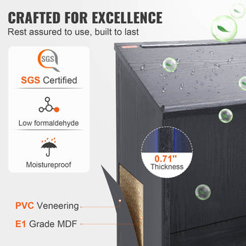 Black PVC veneered storage cabinet with moistureproof design, SGS certified, featuring 0.71" thickness and low formaldehyde.