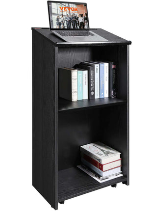 Black wooden bookshelf with two shelves, perfect for books and decorative items, stylish for any modern office or home.