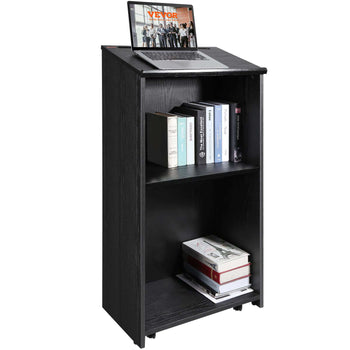 Black wooden bookshelf with two shelves, perfect for books and decorative items, stylish for any modern office or home.