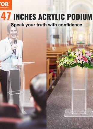 Acrylic Podium, 47" Clear Acrylic Podium Stand with Wide Reading Surface & Storage Shelf, Floor-standing Clear Pulpits Acrylic for Church Office School