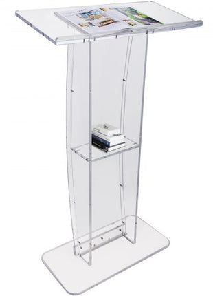 Acrylic Podium, 47" Clear Acrylic Podium Stand with Wide Reading Surface & Storage Shelf, Floor-standing Clear Pulpits Acrylic for Church Office School