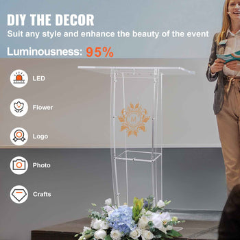 Clear acrylic podium with LED lighting, featuring a sleek, modern design, perfect for event decor and presentations.