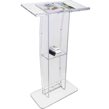 Modern clear acrylic magazine stand with sleek design, featuring a shelf for books, ideal for contemporary decor.