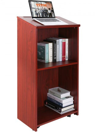 Podium Stand, 47 inch Hostess Stand with 4 Rolling Wheels, Wood Podium with Storage Shelves and Slant Desktop, Lecterns & Podiums for Home, Office, School, Church, Brown
