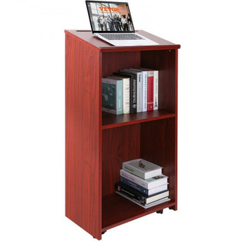 Podium Stand, 47 inch Hostess Stand with 4 Rolling Wheels, Wood Podium with Storage Shelves and Slant Desktop, Lecterns & Podiums for Home, Office, School, Church, Brown