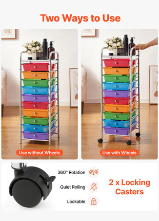 Rolling Cart with Drawers, 10 Drawer Storage Organizer, Mobile Utility Cart with Steel Frame, Universal Casters & 2 Brakes, Great for Office, Classroom, Craft Tools, Garage, Studio, Rainbow