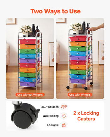 Rolling Cart with Drawers, 10 Drawer Storage Organizer, Mobile Utility Cart with Steel Frame, Universal Casters & 2 Brakes, Great for Office, Classroom, Craft Tools, Garage, Studio, Rainbow