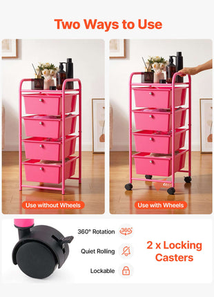 Rolling Cart with Drawers, 4 Drawer Storage Organizer, Mobile Utility Cart with Steel Frame, Universal Casters & 2 Brakes, for Office, Classroom, Craft Tools, Garage, Cleaning Supplies, Rose Red