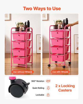 Rolling Cart with Drawers, 4 Drawer Storage Organizer, Mobile Utility Cart with Steel Frame, Universal Casters & 2 Brakes, for Office, Classroom, Craft Tools, Garage, Cleaning Supplies, Rose Red