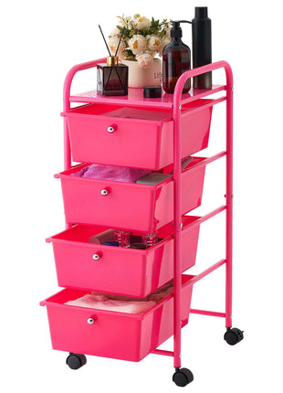Rolling Cart with Drawers, 4 Drawer Storage Organizer, Mobile Utility Cart with Steel Frame, Universal Casters & 2 Brakes, for Office, Classroom, Craft Tools, Garage, Cleaning Supplies, Rose Red