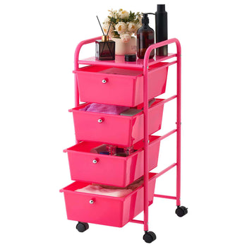 Rolling Cart with Drawers, 4 Drawer Storage Organizer, Mobile Utility Cart with Steel Frame, Universal Casters & 2 Brakes, for Office, Classroom, Craft Tools, Garage, Cleaning Supplies, Rose Red