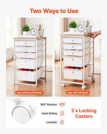 Rolling Cart with Drawers, 5 Drawer Storage Organizer, Mobile Utility Cart with Wood Top, Steel Frame, Universal Casters & 2 Brakes, for Office, Classroom, Craft Supplies, Bedroom, Makeup, White