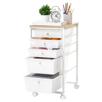 Rolling Cart with Drawers, 5 Drawer Storage Organizer, Mobile Utility Cart with Wood Top, Steel Frame, Universal Casters & 2 Brakes, for Office, Classroom, Craft Supplies, Bedroom, Makeup, White