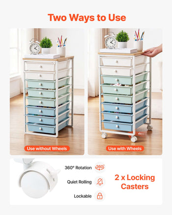 Rolling Cart with Drawers, 8 Drawer Storage Organizer, Mobile Utility Cart with Wood Top, Steel Frame, Universal Casters & 2 Brakes, for Office, Classroom, Craft Supplies, Bedroom, Green Blue