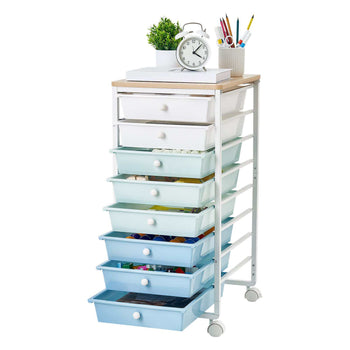 Rolling Cart with Drawers, 8 Drawer Storage Organizer, Mobile Utility Cart with Wood Top, Steel Frame, Universal Casters & 2 Brakes, for Office, Classroom, Craft Supplies, Bedroom, Green Blue