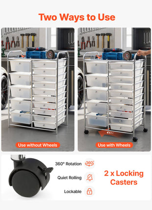 Rolling Cart with Drawers, Double Row 15 Drawer Storage Organizer, Mobile Utility Cart with Chrome Steel Frame, Universal Casters & 2 Brakes, for Office, Classroom, Craft Room, Studio, Garage